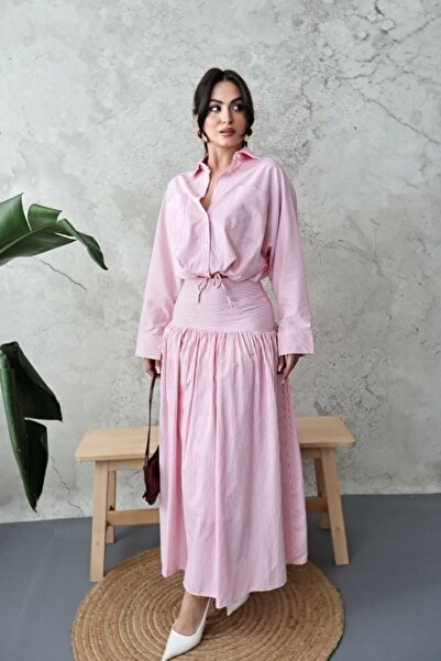 LUMU Red Striped Shirt with Corseted Gathered Skirt