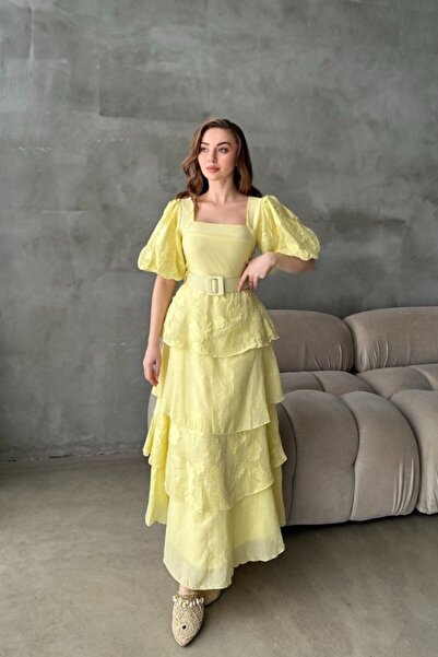 Elbee Fashion Woman Yellow Balloon Sleeve Detailed Layered Floral Dress