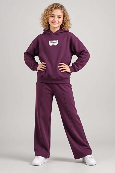 Riccotarz Kız Çocuk Üzeri Dantel Bonjour Yazı Detaylı Kapüşonlu Sweatshirt Bol Kesim Mürdüm Eşofman Takım