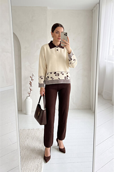 SAYZEN YOUR SHİNE Shirt Collar Floral Pattern Sweater-Pants Women's Knitwear Set
