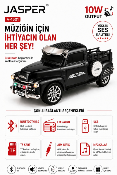 JASPER JPR-1501 Siyah 10W Bluetooth Hoparlörlü Retro Kamyon Tasarım – FM Rady...