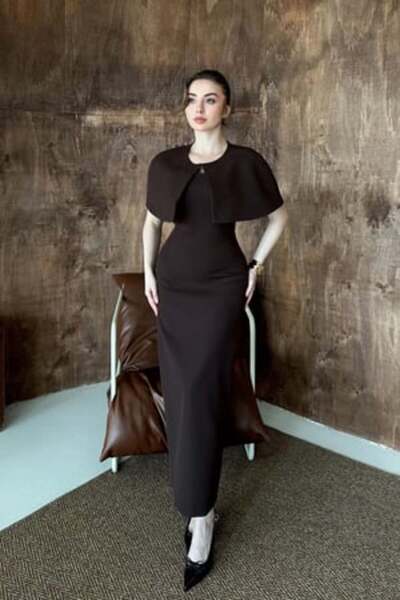 Elbee Fashion Woman Καφέ φόρεμα στράπλες με κάπα
