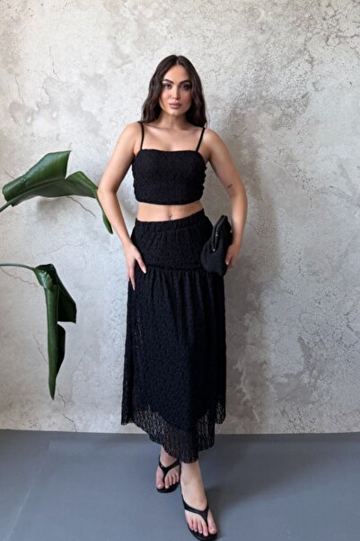 Elbee Fashion Woman Black Lace Blouse and Ruffled Skirt Set
