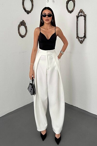 SEREMONİ BUTİK Ecru pleated atlas pants