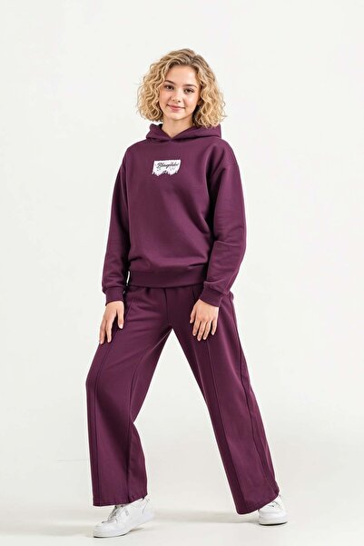 Riccotarz Kız Çocuk Üzeri Dantel Bonjour Yazı Detaylı Kapüşonlu Sweatshirt Bol Kesim Mürdüm Eşofman Takım