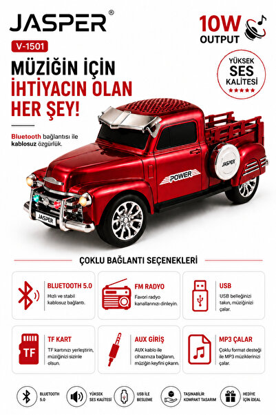 JASPER JPR-1501 Kırmızı 10W Bluetooth Hoparlörlü Retro Kamyon Tasarım – FM Ra...
