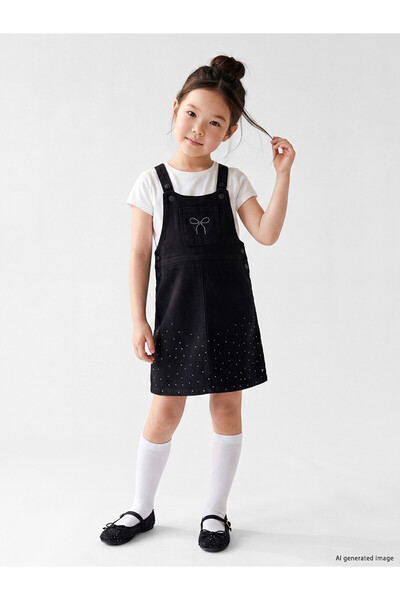 LC Waikiki Lcw Kids Black Denim Embroidered Girls' Dress with Nevavm Difference