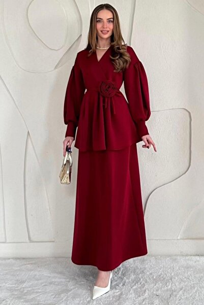 LUMU Burgundy Rose Detailed Skirt Suit