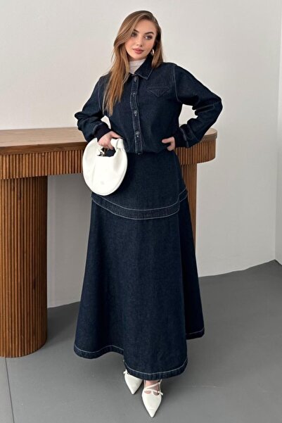 SEREMONİ BUTİK Navy blue ribbed skirted denim set