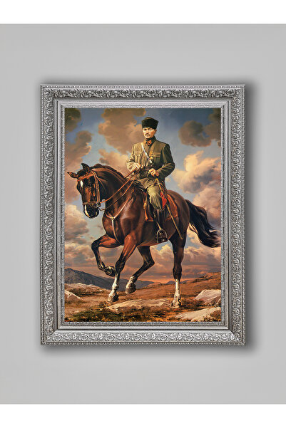WoodyArts Ataturk and His Horse Gray Antique Framed Decorative Living Room Wa...