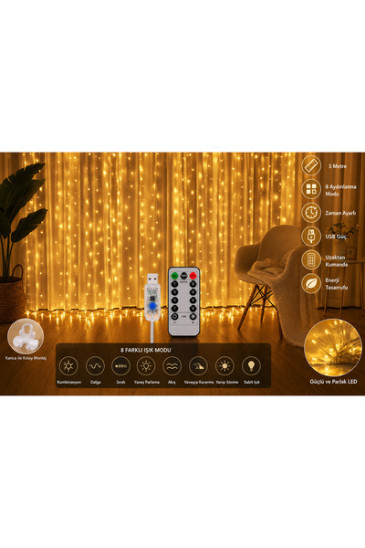 ARVALE Peri Telli Perde Led Işık Kumandalı 300 Ledli 3 X 3 Metre Usb'li 8 Ani...