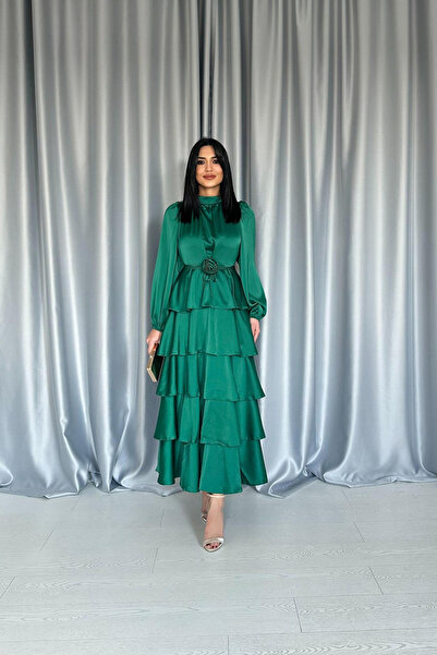 SEREMONİ BUTİK Women's emerald satin ruched tiered dress