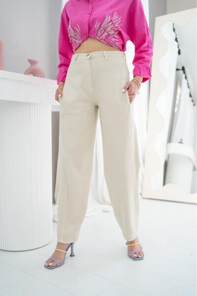 Elbee Fashion Woman Μπεζ ψηλόμεσο τζιν Mom Jean