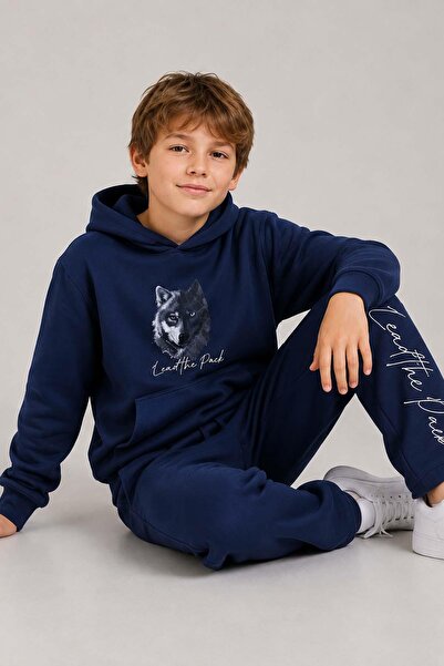 Riccotarz Erkek Çocuk Önü ve Arkası Kurt Çizim Baskılı Kapüşonlu Sweatshirt Lacivert Eşofman Takım