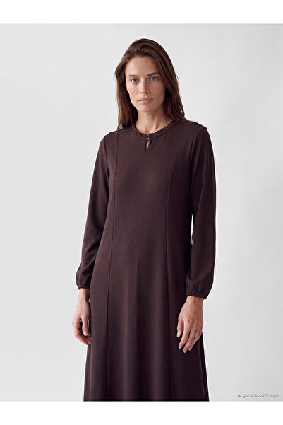 LC Waikiki Lcw Grace Brown Ruffle Crew Neck A-Line Dress