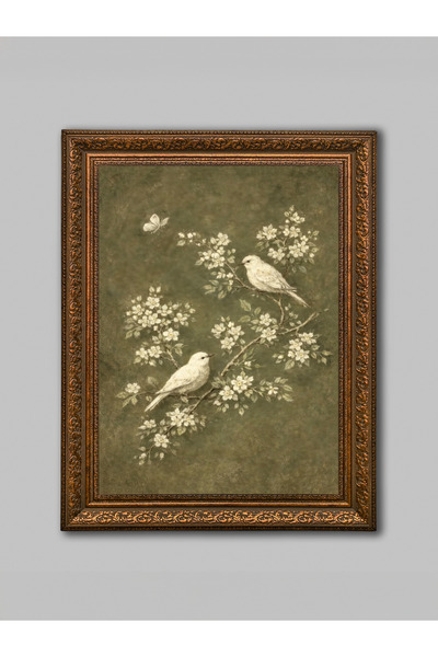 WoodyArts Olive Green Sparrows Brown Antique Framed Decorative Living Room Wa...