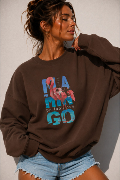 BW Bravely Wear Women's Crew Neck 1990 Flamingo Printed Oversize Embroidered Sweatshirt