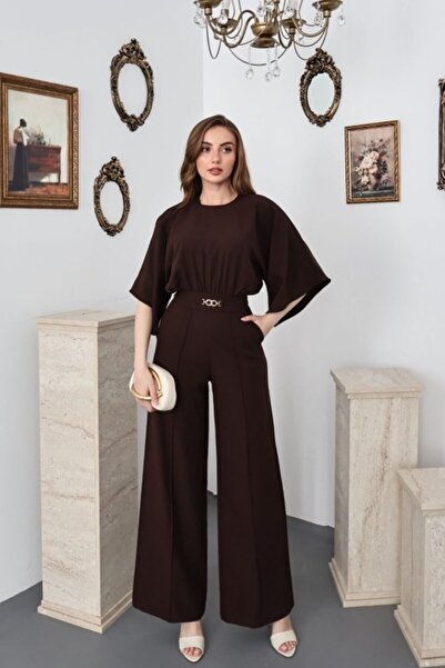 Elbee Fashion Woman Brown Batwing Sleeve Jumpsuit with Drawstring Waist Belt ...