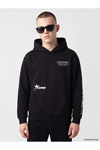 LC Waikiki Xside Black Printed Men's Thick Hoodie