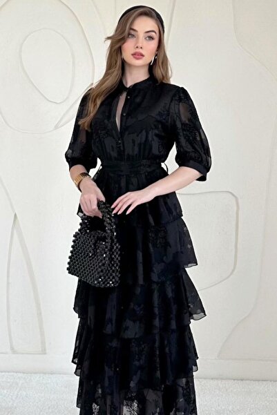 Elbee Fashion Woman Black Balloon Sleeve Detailed Layered Chiffon Dress