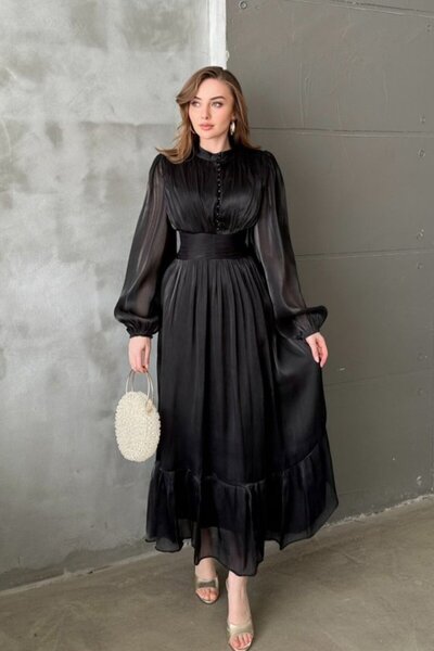 Elbee Fashion Woman Μαύρο φόρεμα με κορδόνι μέσης