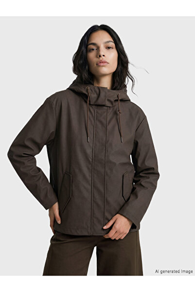 LC Waikiki Lcw Vision Brown Hooded Women's Raincoat with Nevavm Difference