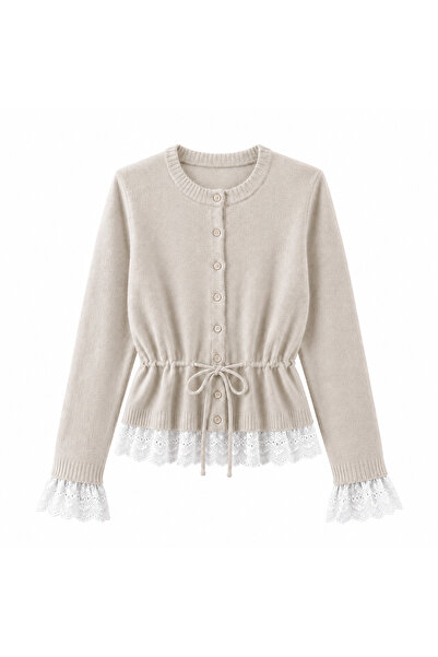 peri tower Women's Lace Detailed Waist-Tied Buttoned Knitwear Cardigan 7010