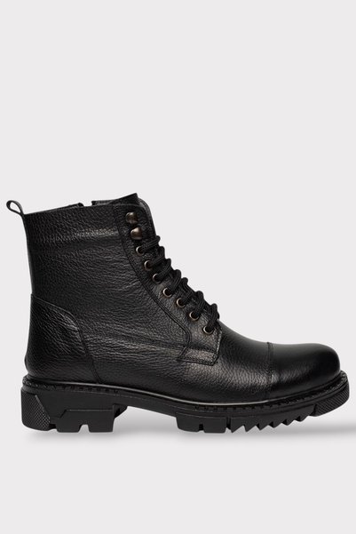 Jagulep Men's Fur Lined Zippered Anti-Slip Thermo Sole Khaki Leather Boots Black