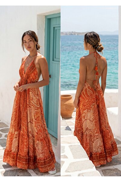 FASHION Turuncu Şal Desenli Sırt Dekolteli Bohem Elbise