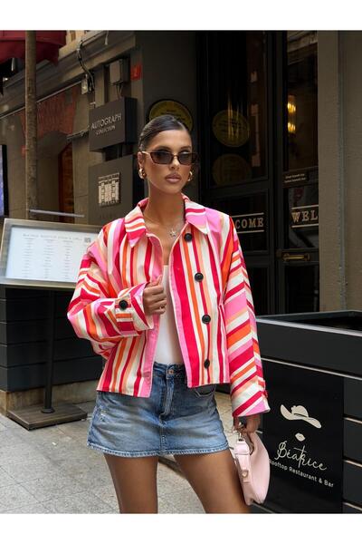 timagna Women's Striped Oversize Crop Jacket Shirt Collar Buttoned Double Poc...