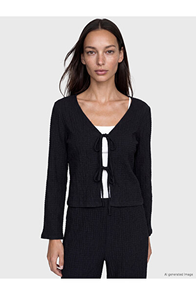 LC Waikiki Lcw Everyday Black V-Neck Tie-Back Textured Blouse