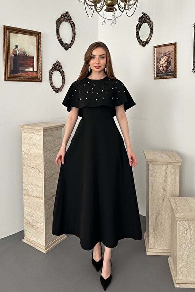 SEREMONİ BUTİK Women's Black Stone Detailed Cape Dress