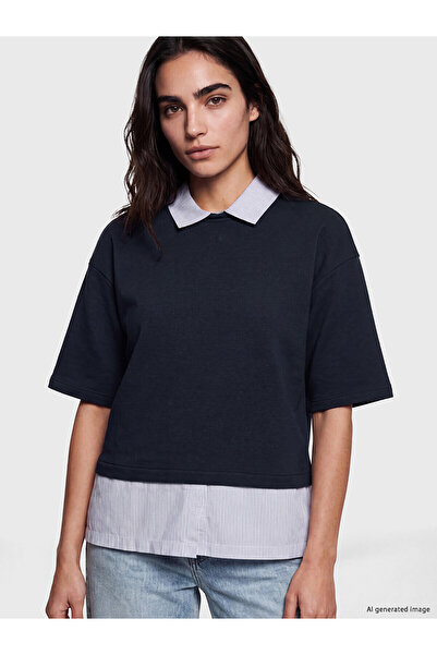 LC Waikiki Lcw Vision Navy Blue Shirt Collar Striped Women's T-Shirt