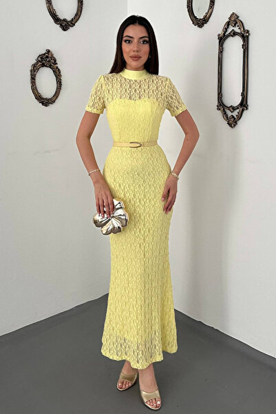 Elbee Fashion Woman Women's Yellow Lace Detailed Dress