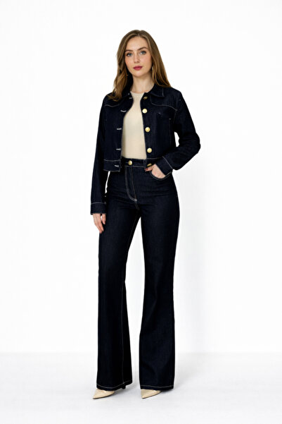 LUMU Blue Gold Buttoned Denim Suit with Sewing Detail