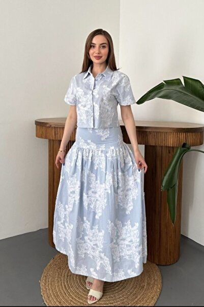 Elbee Fashion Woman Set cămașă albastră și fustă cu corset