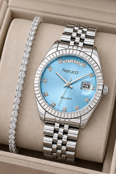 Ferrucci Steel Case&Band Women Wrist Watch Bracelet Gift Silver-Blue Color Zm...