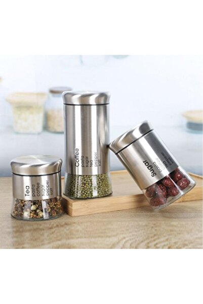 Generic Brand Set 3 borcane din sticla pentru depozitare, cu capac din inox, recipiente pentru paste, cereale, cafea si alimente uscate