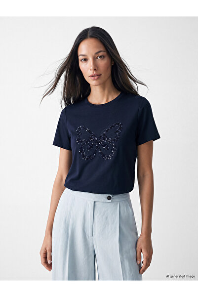 LC Waikiki Lcw Everyday Navy Blue Crew Neck Sequined Blouse