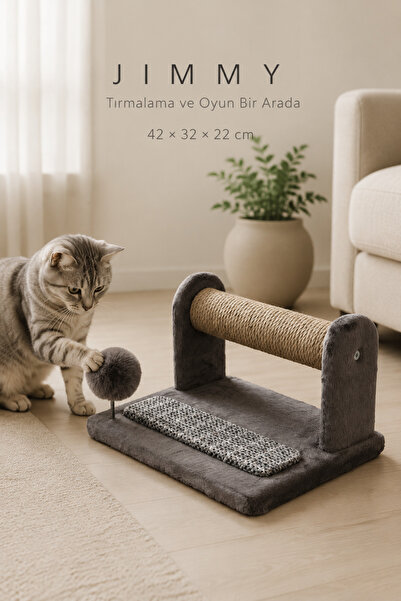 Sawinno JIMMY Kedi Tırmalama Tahtası ve Oyun Seti Jüt Direkli Yaylı Ponponlu Wellsoft Kumaş, 42x32x22 cm