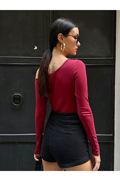 Pena Women's Burgundy Boat Neck Cotton Fabric Blouse 28168