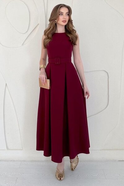 SEREMONİ BUTİK Burgundy Halter Neck Flared Dress