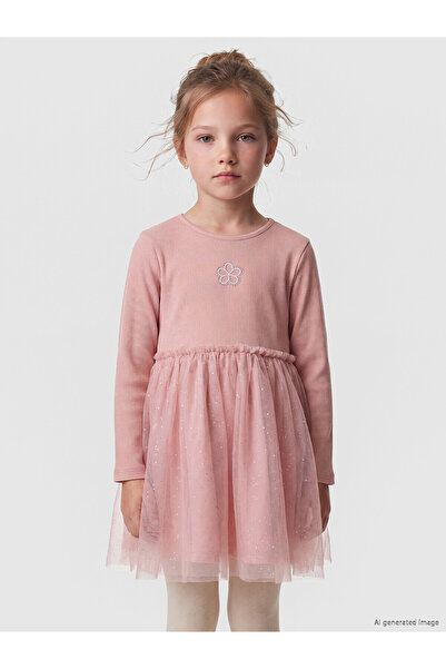 LC Waikiki Lcw Kids Pink Ribbed Stone Girls' Dress with Nevavm Difference