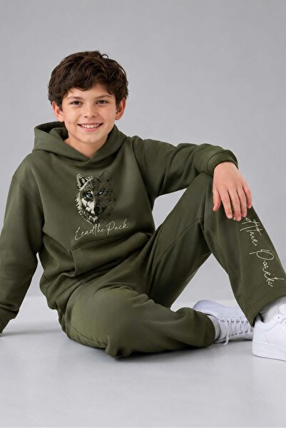 Riccotarz Erkek Çocuk Önü ve Arkası Kurt Çizim Baskılı Kapüşonlu Sweatshirt Yeşil Eşofman Takım