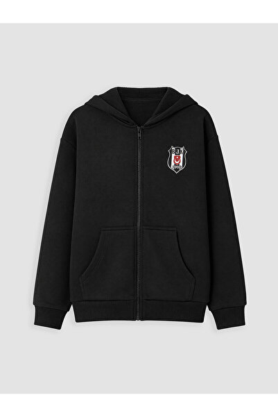 LC Waikiki Siyah Kapüşonlu Beşiktaş Erkek Çocuk Fermuarlı Sweatshirt
