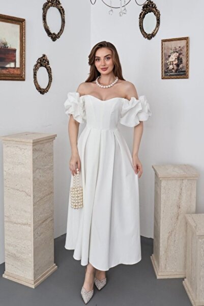 Elbee Fashion Woman White Sleeves Balloon Pleated Atlas Dress
