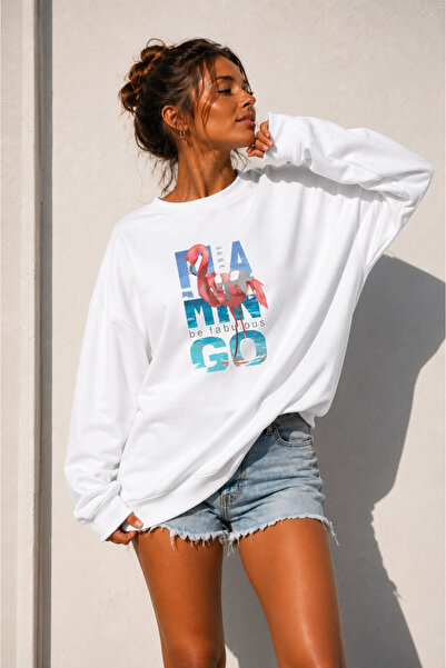 BW Bravely Wear Women's Crew Neck 1990 Flamingo Printed Oversize Embroidered ...