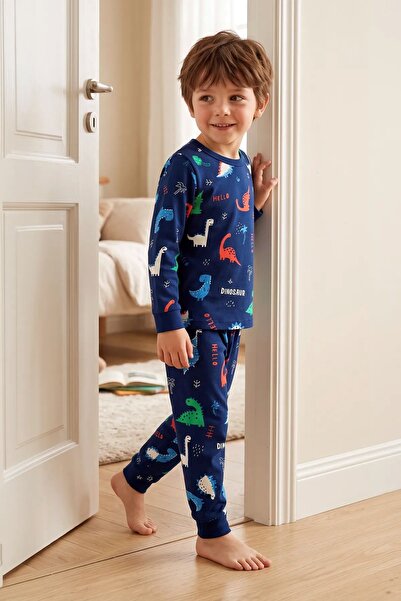ZUZUNGA Hello Dino Patterned Long Sleeve Interlock Pajama Set for Boys