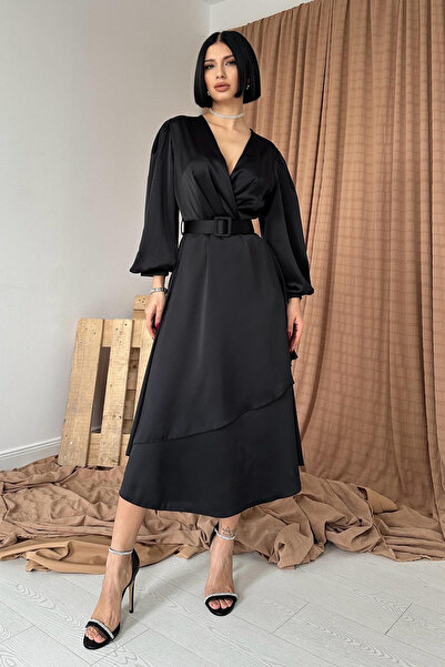 Elbee Fashion Woman Women's Black Double Breasted Collar Satin Dress