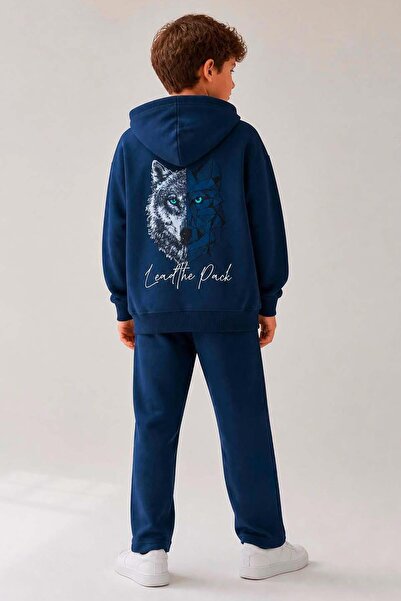 Riccotarz Erkek Çocuk Önü ve Arkası Kurt Çizim Baskılı Kapüşonlu Sweatshirt Lacivert Eşofman Takım